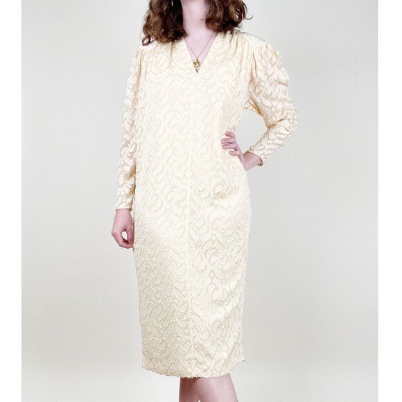 Vintage 70s 80s Couture Designer Midi Dress Textured Knit Eccentric Old Money - Picture 1 of 4